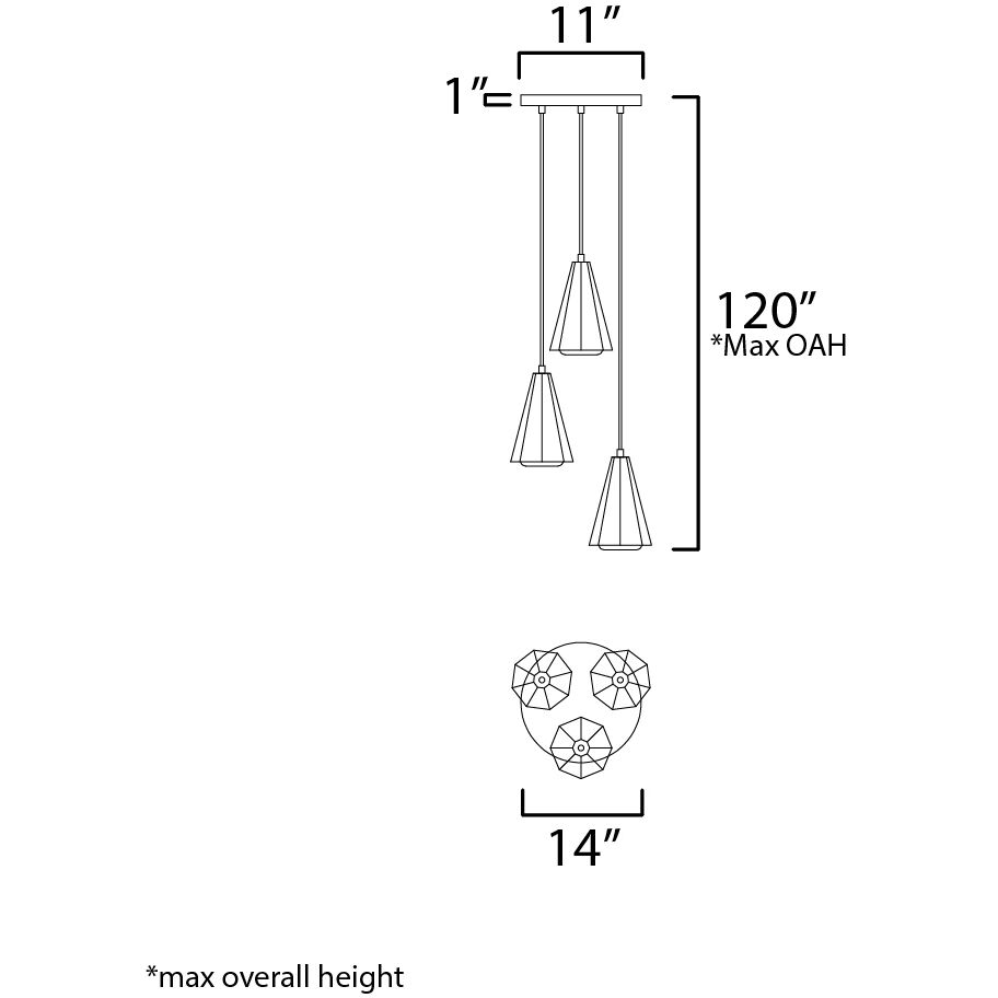 Rizzo 3 Light 14 inch Black and Antique Brass Multi-Light Pendant Ceiling Light